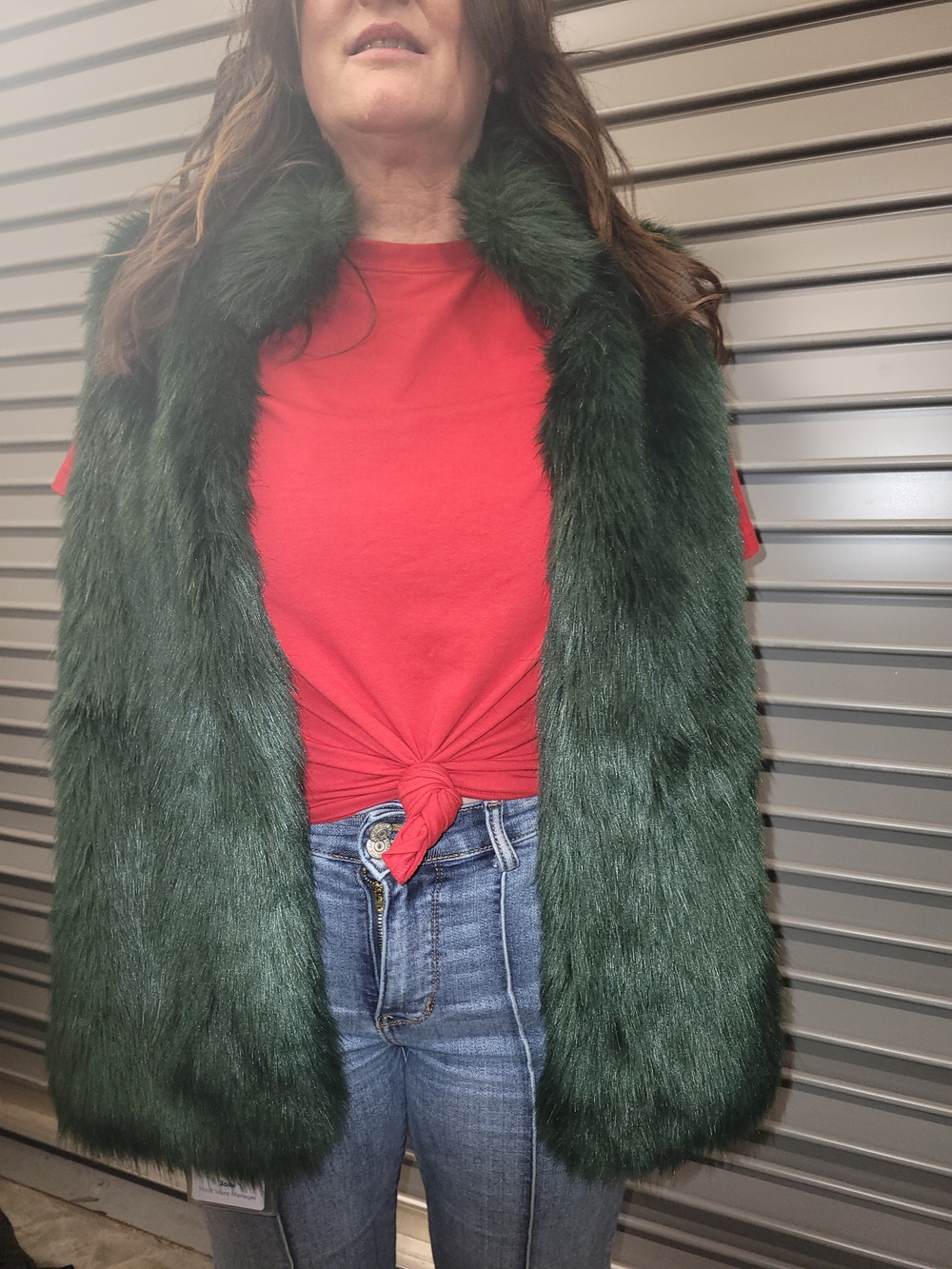 Gibson Latimer Dark Green Faux Fur Open Vest